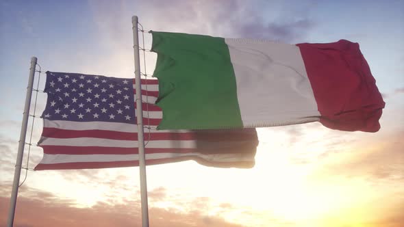 Italy and United States Flag on Flagpole