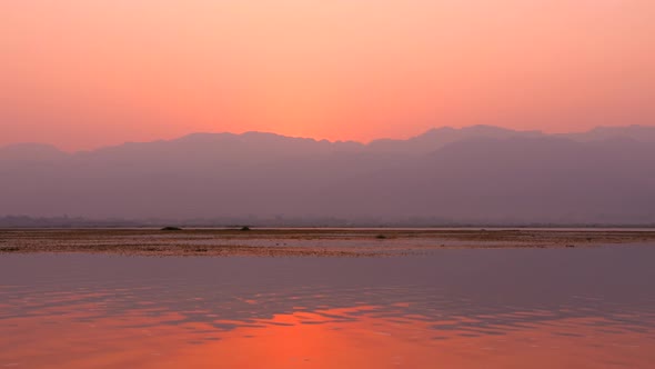Beautiful Calm Sunrise On Inle Lake.  Slow Motion Footage. Myanmar