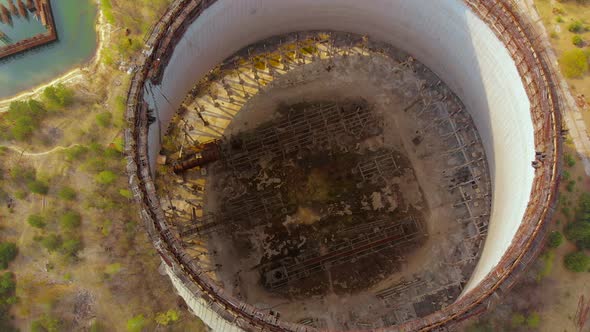 Drone Flies Over the Cooling Tower, Top View