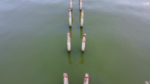 Aerial view broken steel of fisherman pier