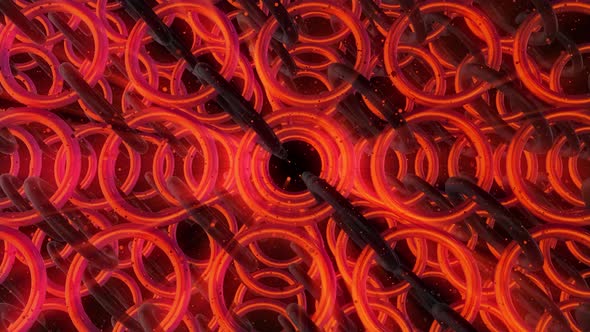 Top view of many bonded rings glowing and rotating