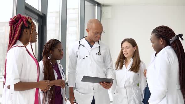 A Team of Doctors Including International Man and Women Have a Business Conversation While Standing