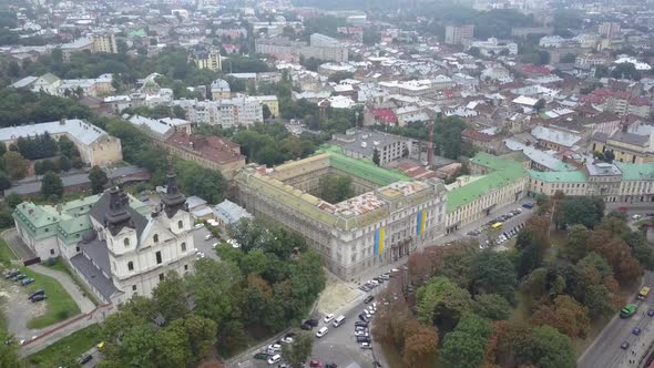 Church of St. Michael Barefoot Carmelite Church in Lviv View From Above in Slow Motion. The