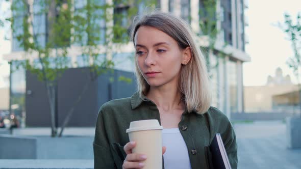 Attractive Young Businesswoman Holding Laptop Morning Coffee Posing Outdoor