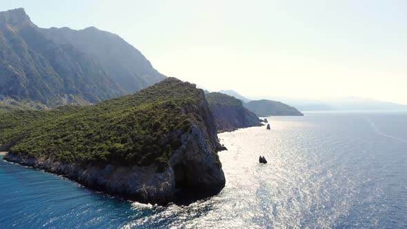 Aero. View From Above. Beautiful Summer Seascape. Rocky Beaches of Evia Island, Greece.