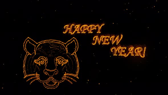 New Year Background With Golden Particles And Shiny Silhouette Of Tiger