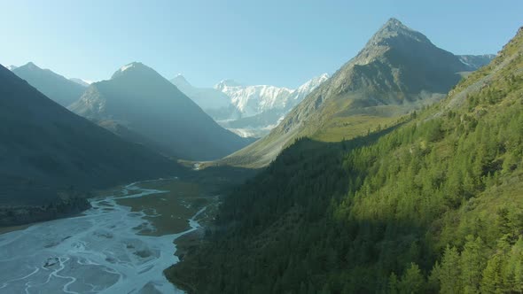 Akkem Lake and Altai Mountains in Sunny Day. Russia. Aerial View