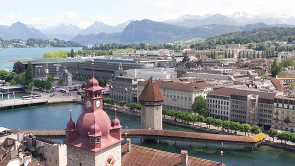 Aerial of clock tower in downtown Luzern, Switzerland