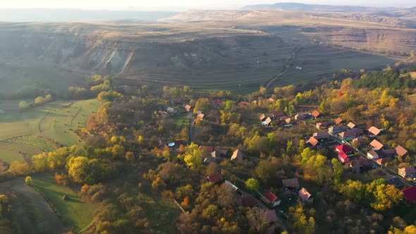 Flying Over a Village in Transylvania. Aerial View of Bica, Romania