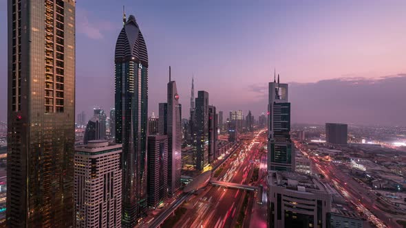 Day to Night Transition Timelapse of Dubai Downtown Sheik Zayed Road from Rooftop