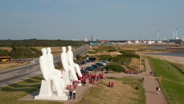 Aerial View Flying Near Man Meets The Sea a Colossal Monument on Esbjerg Coastline in Denmark