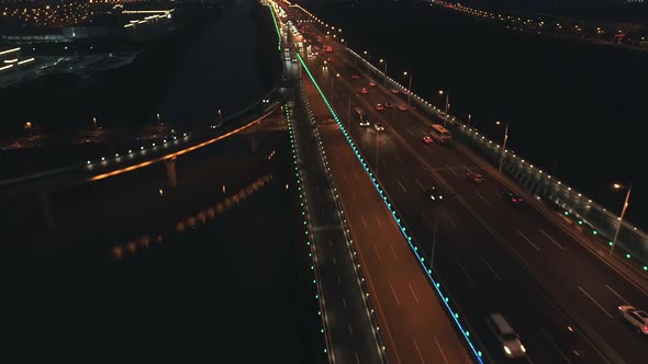 Aerial Top View of Highway Interchange at Night