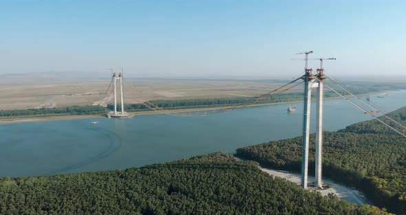 Construction Of Braila Bridge - Suspension Bridge Over Danube River In Braila, Romania. - aerial