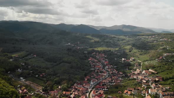 Aerial view from drone over Cisnadioara village, Romania