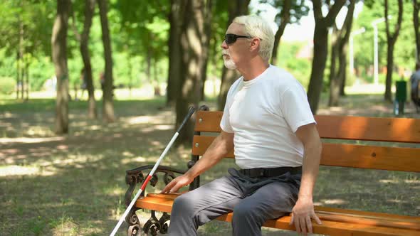 Old Blind Man Finding Long Cane on Bench, Walking in Park Independent, Rest