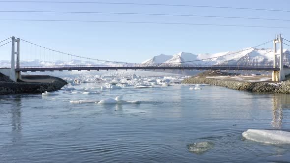 Glacier Lagoon in Iceland Filled With Icebergs Flying Under the Bridge