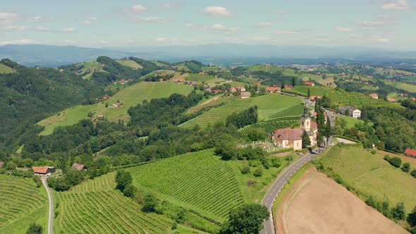 Aerial View of Austrian Vilage Kitzeck in Vineyard Region of Styria.