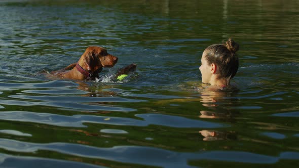 Woman and dog playing in the water