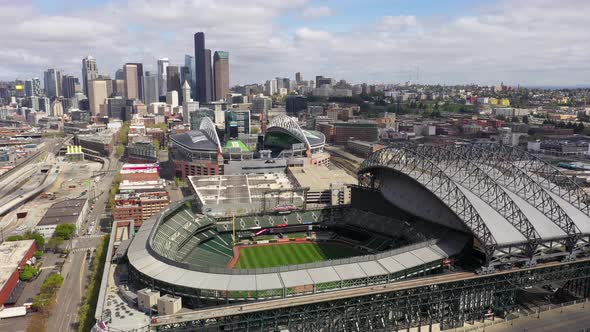 Orbiting aerial shot of Seattle Mariner's home stadium.