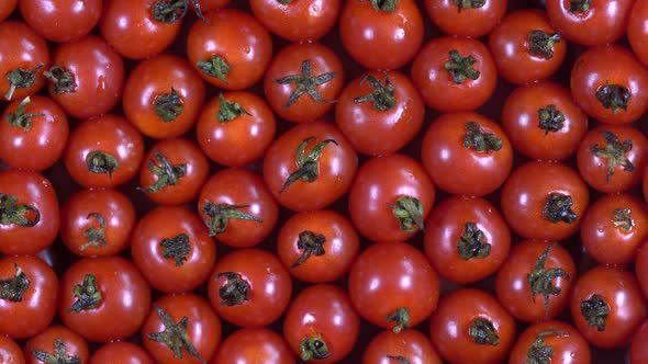 Red cherry tomatoes background, closeup tomato, rotation, top view. Macro tomato