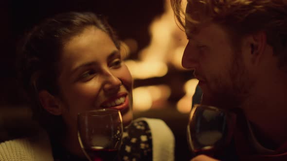 Couple Talk Drink Wine on Date Closeup