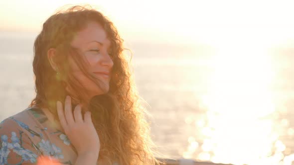 Portrait Young Attractive Woman Curly Red Hair Standing Near Sea Ocean Sunrise Sunset Light