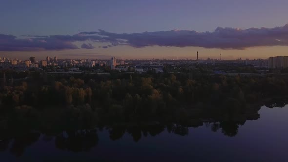 City at Sunset Time, Distance and in the Near Background Lake with Beautiful Clouds, Ukraine Kiev