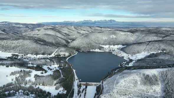 Aerial view of the Palcmanska Masa reservoir in the village of Dedinky in Slovakia