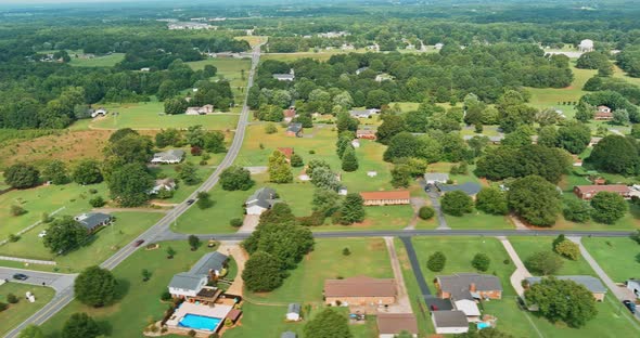 View Top Aerial in a Small American Town Boiling Spring South Carolina of Urban Rooftops Summer