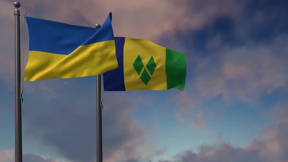 Saint Vincent And The Grenadines Flag Waving Along With The National Flag Of The Ukraine - 4K