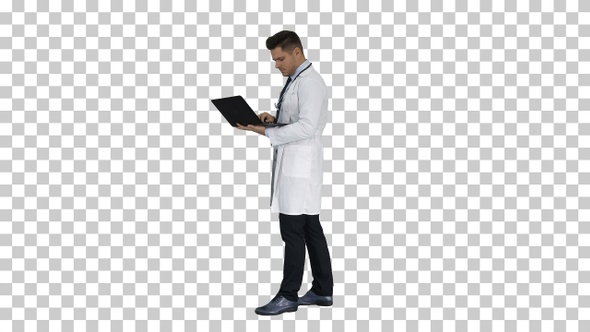 Man wearing white medical coat and stethoscope walking with