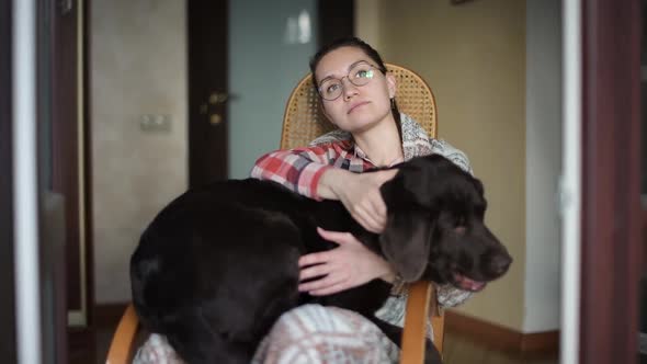 A girl in a chair sits with a big dog on her lap. A brown labrador