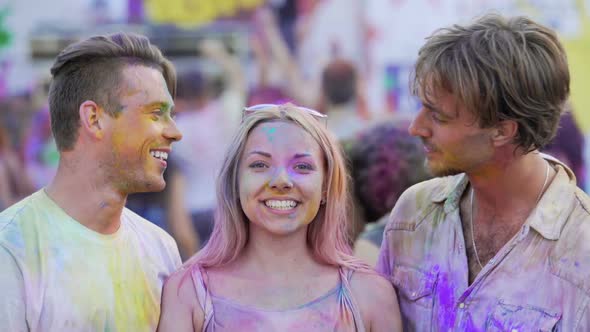 Two Handsome Men Kissing Beautiful Woman on Cheeks, Best Friends Having Fun