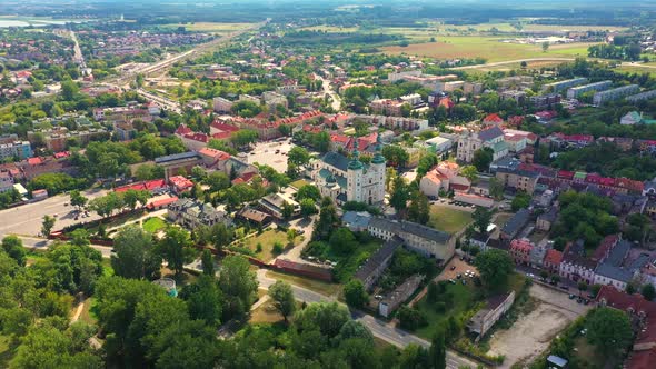 Landscape of the old town from the air with the visible. View on historic buildings on the market. L