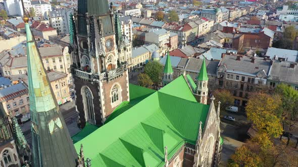 Aerial Video of Saint Olga and Elizaveta Church in Central Part of Old City of Lviv, Ukraine