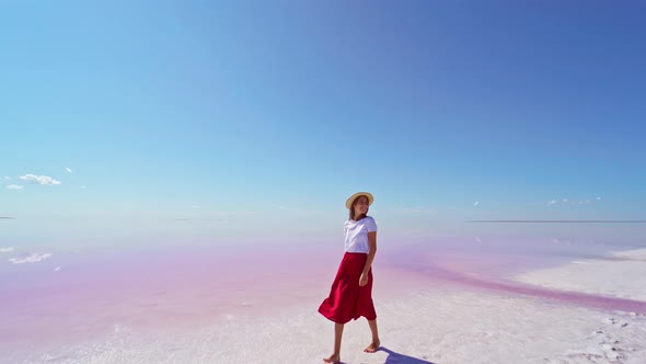 Stylish Summer Girl Enjoying Walking By Bright Pink Lake Summer Adventure Traveling