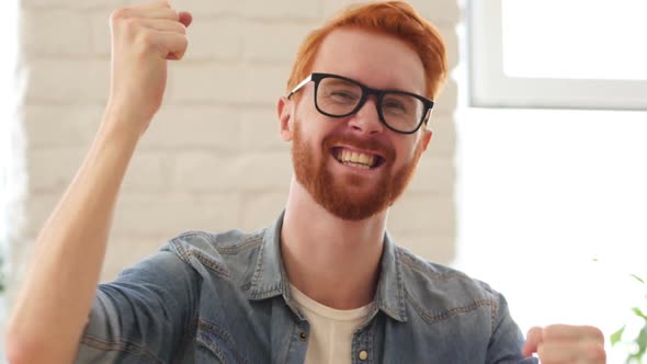 Reaction of Win, Success by Excited Man with Beard and Red Hairs, Portrait