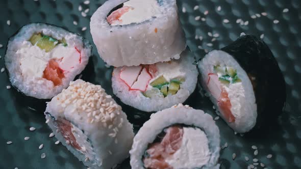 Fresh Sushi Roll With Sesame Seeds Rotate Close Up
