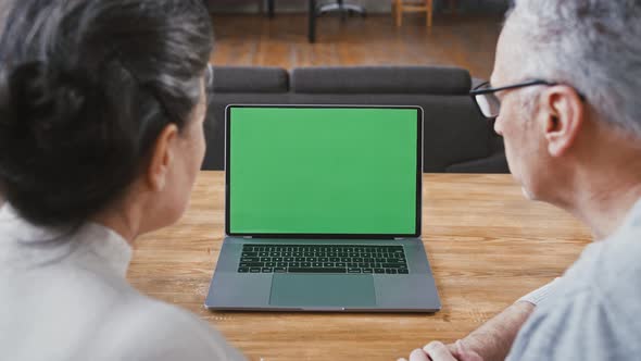 Back View of Elderly Spouses Looking at Green Screen of Notebook and Talking to Someone Using Online