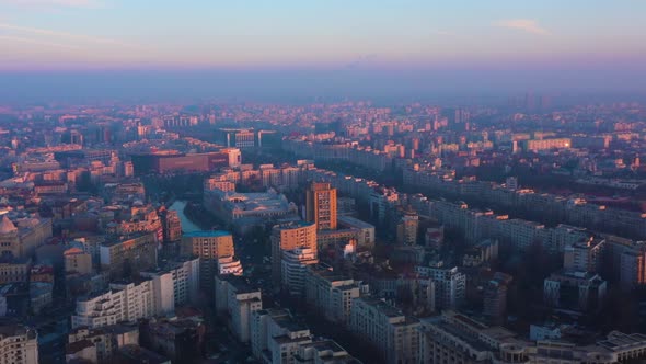 Aerial view over Bucharest City center skyline at dusk, Bucharest City