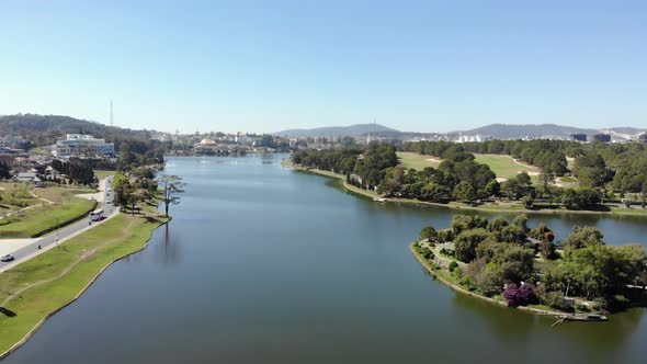 Aerial view of Da Lat city beautiful tourism destination in central highlands Vietnam. Clear blue sk