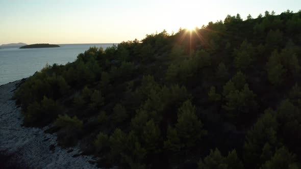 Aerial View of the Green Shores of the Island Korcula at Sunset Croatia