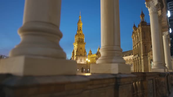 Camera Moves Through Columns in Plaza De Espana  Spanish Square  Sevilla Spain