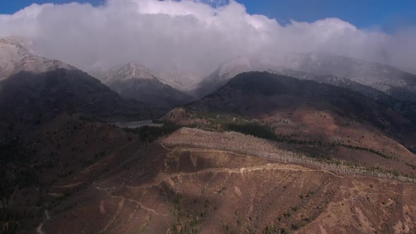 Aerial view over looking vast snowy mountain scenory and a resevoir