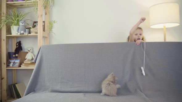 Little Girl Child Playing With Kitten At Home In Room