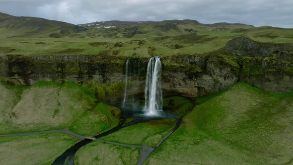 Aerial View of the Seljalandsfoss  Located in the South Region in Iceland