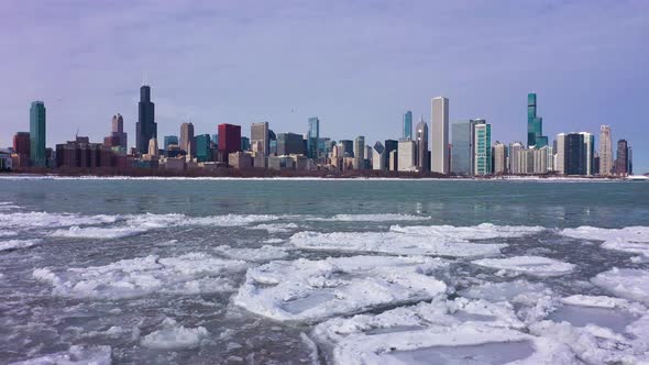 Skyline of Chicago and Lake Michigan on Winter Frosty Day