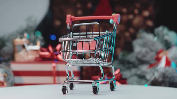 An empty grocery cart spins in a circle.