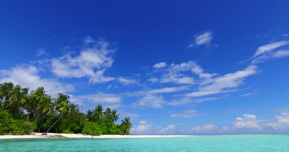 Natural drone clean view of a sandy white paradise beach and blue water background in colourful 4K