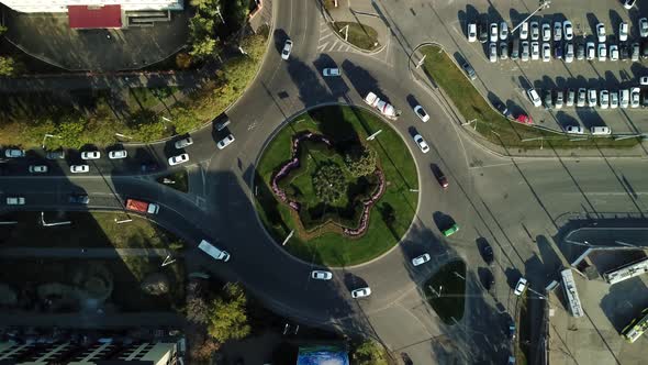 Drones Eye View Traffic Jam Top View Transportation Concept Roundabout Intersection Crossroad Aerial